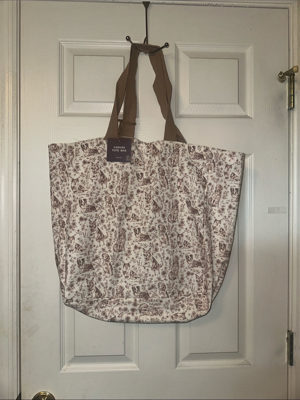 The Farmhouse by Rachel Ashwell Canvas Tote Bag in Cream and Brown with dogs